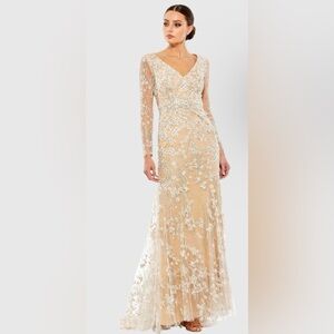 Mac Duggal Style 70239 Beige Embroidered V Neck Long Sleeve Trumpet Gown
